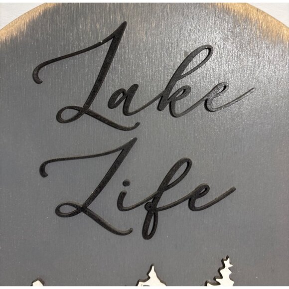 Lake Life Wooden Round Plaque Sign Grey White Black Laser Cut Trees Design 12" - Picture 2 of 6